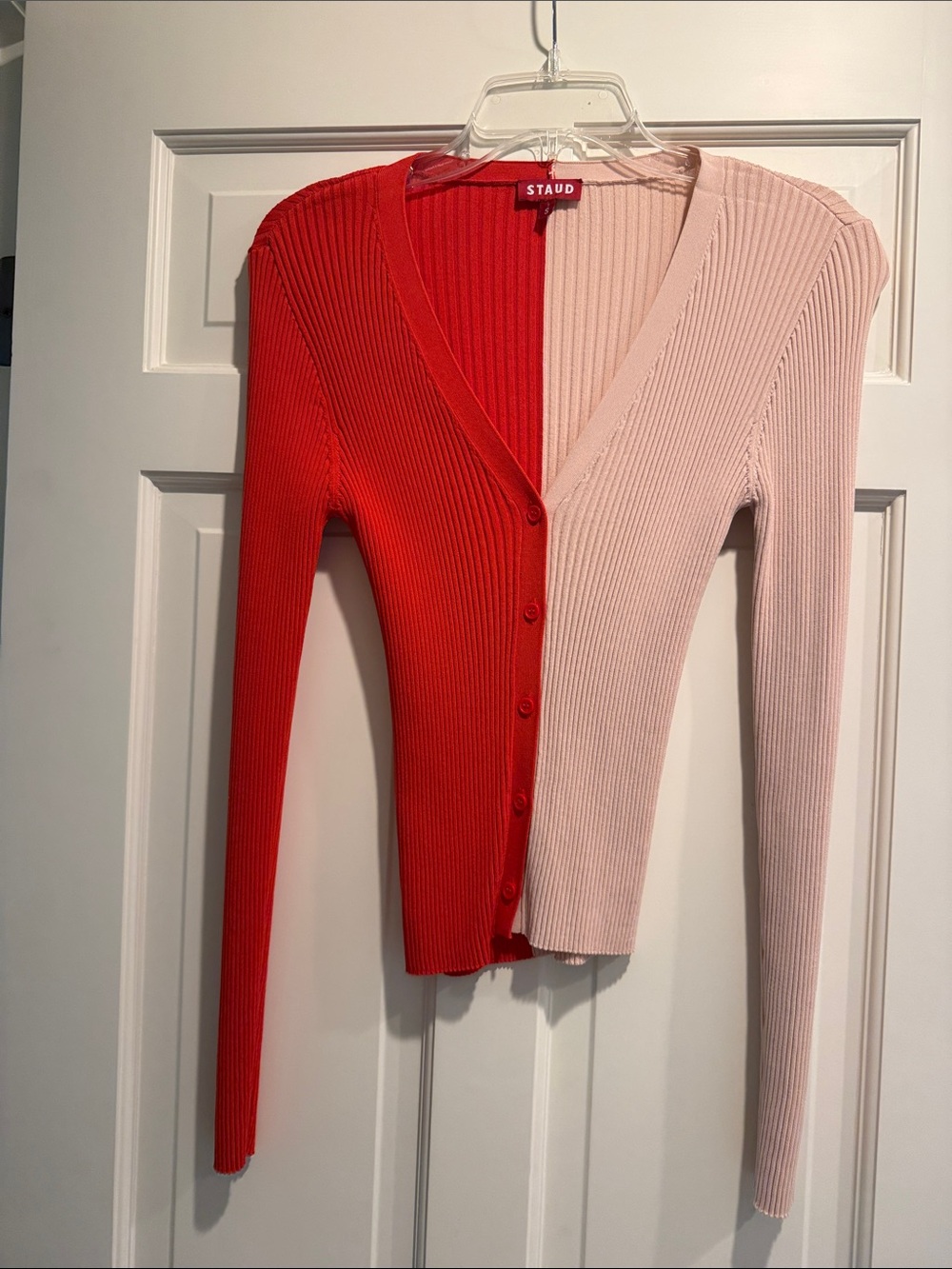 STAUD Colorblock Ribbed V-Neck Cardigan - Red & Light Pink